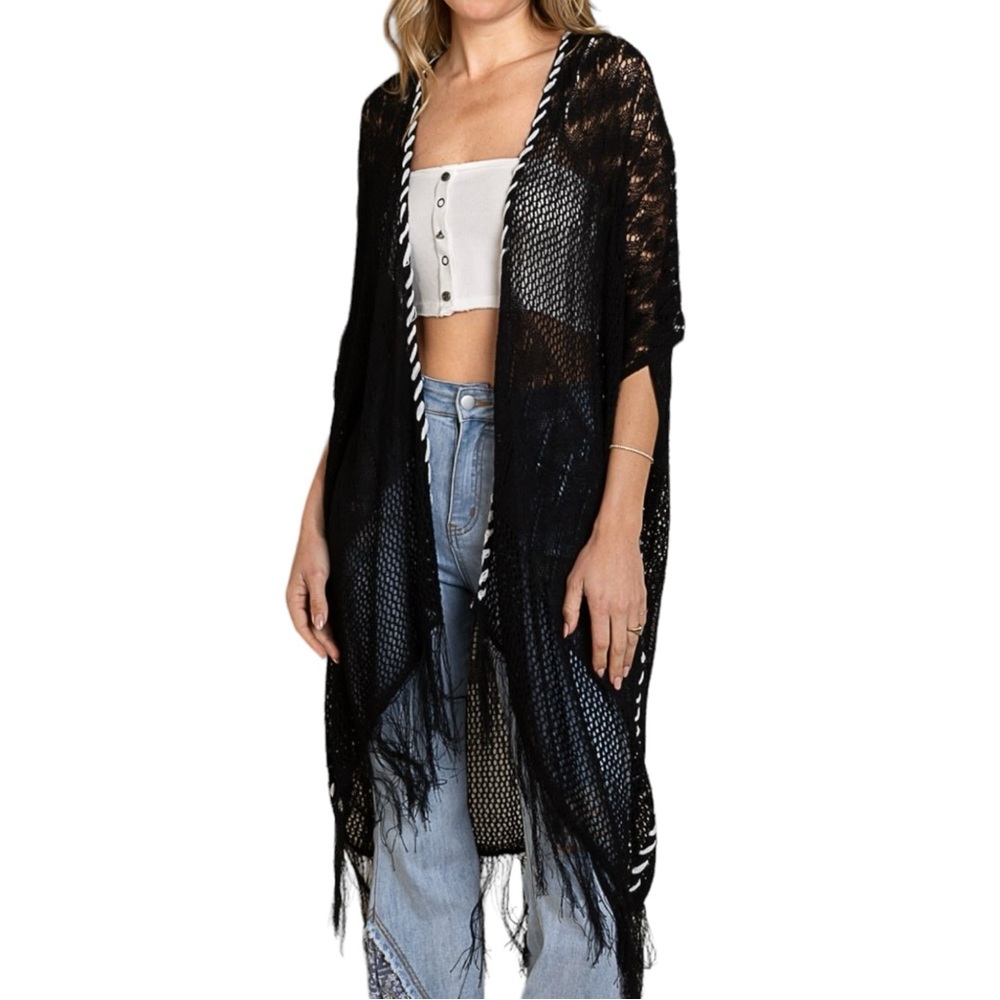 Black Open-Knit Fringe Kimono Cardigan - Women